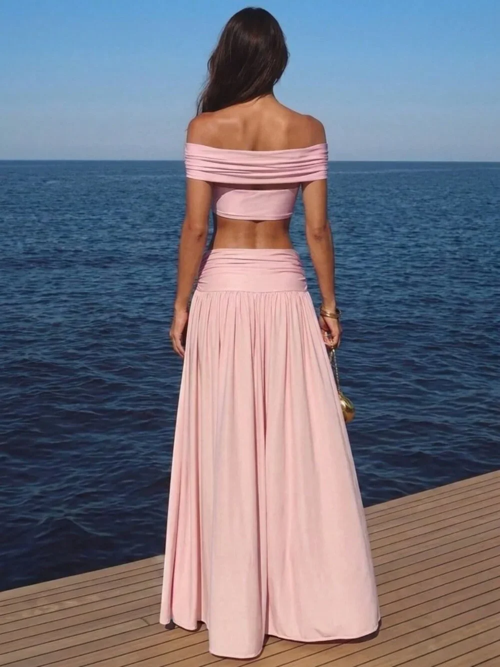 Pink Boho Women's Off Shoulder Twist Cropped Top And Wide-Leg Pants 2-Piece Set - Picture 2 of 5